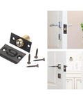 12 Piece Door Ball Catch Latch Kit Featuring Solid Copper And Stainless Steel Construction For Hidden Cabinet Toilet Bathroom Cupboard Lock Hardware With Adjustable Elastic Clamp Mechanism You Know It Fits Like A Charm, showing latch components and installation.