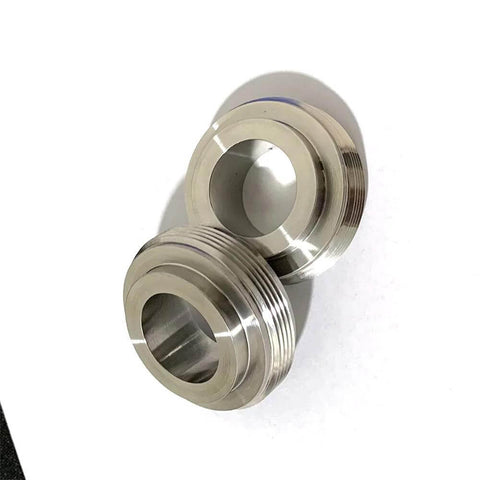 Waterjet threading ring CP022021/593, stainless steel with external threads and hollow bore, angled front view