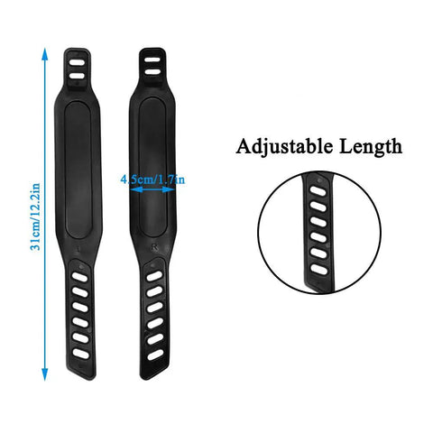 Two Pairs Go-To Durable Exercise Bike Pedal Straps With Adjustable Length, showing measurements and strap holes for secure fit