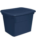 No Sweat 18 Gallon Plastic Storage Totes With Secure Snap Lids 32 Pack Bulk Haul For Clothes Linens and Seasonal Stuff Heavy Duty Stackable Bins Organize Fast Plus Easy Transport navy plastic bin with snap lid