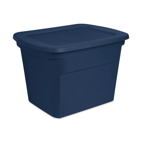 No Sweat 18 Gallon Plastic Storage Totes With Secure Snap Lids 32 Pack Bulk Haul For Clothes Linens and Seasonal Stuff Heavy Duty Stackable Bins Organize Fast Plus Easy Transport navy plastic bin with snap lid