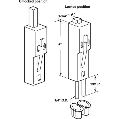 Diagram of White Plastic Sliding Door Lock With Bushing For Vinyl Doors, featuring measurements and components, edge mount design.