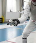 Fencer wearing Dope Style Fencing Glove With Padded Amara Leather And Real Leather For Foil Epee And Saber Silicoated Palm Neoprene Back 350N Cuff.