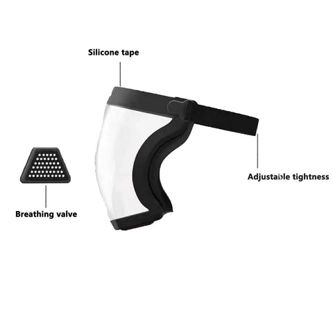 Side view of Anti Fog Clear Face Shield For Adults Glasses Friendly Plastic Shield With Full Face Protection, black frame, silicone tape, adjustable tightness, breathing valve visible.