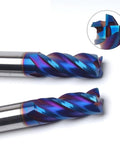 HUBBIQ 4-flute carbide end mills, blue-coated radius end mill, two shown