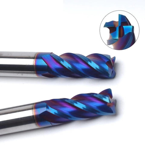 HUBBIQ 4-flute carbide end mills, blue-coated radius end mill, two shown