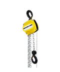 Sturdy One Ton Manual Pulley Chain Block Hoist Crane Lifting Machine With Durable Black Finish For Heavy Duty Garage Jobs And Warehouse Work with yellow casing and two chains.
