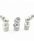 Grease Gun Nozzle Set With Assorted Fittings And Nipples For Maintenance, showing three silver angled grease fittings