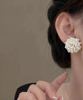 Y2K Vibe Vintage Pearl Bead Cluster Stud Earrings For Women White Boho Chic Jewelry Lightweight Comfort Perfect Everyday Glam Hypoallergenic Post, close-up worn