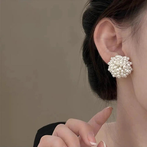 Y2K Vibe Vintage Pearl Bead Cluster Stud Earrings For Women White Boho Chic Jewelry Lightweight Comfort Perfect Everyday Glam Hypoallergenic Post, close-up worn