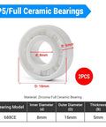 Full ceramic bearings, two white zirconia units, 8x16x5mm inner 8mm outer 16mm thickness 5mm, 2 pcs, model 688CE.