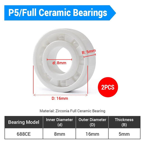 Full ceramic bearings, two white zirconia units, 8x16x5mm inner 8mm outer 16mm thickness 5mm, 2 pcs, model 688CE.
