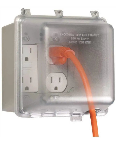Beefy Outdoor 2-Gang Weatherproof In-Use Electrical Outlet Cover With Quick-Fit Mounting, NEMA 3R UL Listed, clear cover, side view