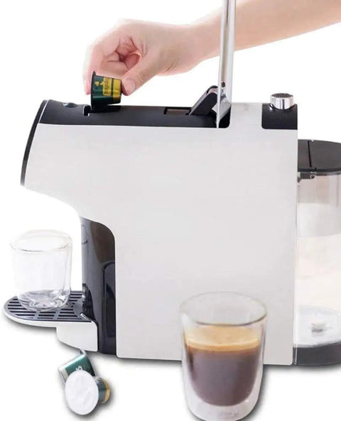 Durable Smart Capsule Coffee Machine With Drip Free Design No Mess One Tap Operation Two Modes Italian Espresso And American Coffee Compact Electric Brewer For Home Use, side view with cup and capsules
