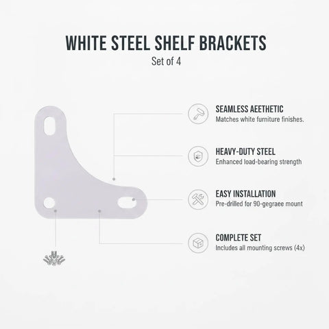 White Steel Shelf Brackets Set Includes Right Angle Corner Supports For Shelving, Heavy Duty L Brackets With All Hardware, Ideal For Garage