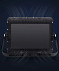 Hella Bright 200 Watt Solar Flood Light With Integrated Remote And Badass IP67 Waterproof Shell back view showcasing sturdy design.