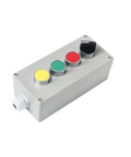 Front view of cast aluminum push-button control box with yellow, green, red buttons and a black knob.