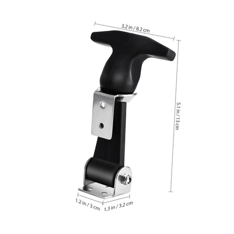 Close-up of Two Pack Stainless Steel T Handle Latches With Rubber Padding, showing durable metal construction and dimensions.