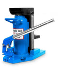 Heavy Duty Air Hydraulic Toe Jack Handles Rock Solid 20 Ton Top Lift Loads And Smooth 10 Ton Toe Raises For Low Clearance Equipment and tough shop grunt work daily tasks shown in blue and black.