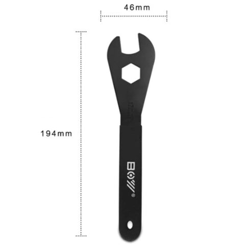 Ultra Slim Bicycle Cone Wrench Set For Tight Hub Cones And Axle Nuts, 46mm wide, black metal spanner with measurement