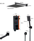 UMJIGF Led Digital Display Shower System Wall Mounted Concealed Shower Faucet Set Multifunction Matte Black components with dimensions.