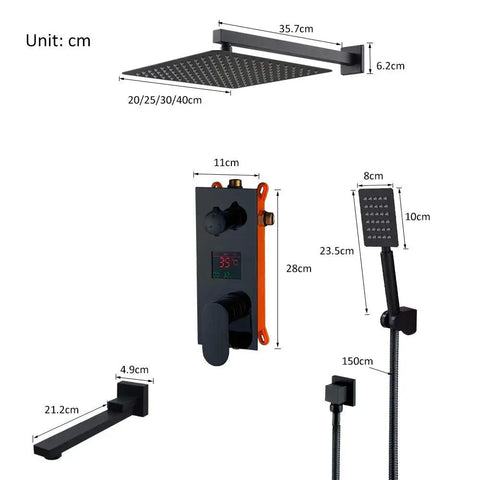 UMJIGF Led Digital Display Shower System Wall Mounted Concealed Shower Faucet Set Multifunction Matte Black components with dimensions.