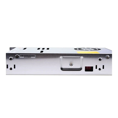 Heavy Duty 600W 24V 25A Single Output Switching Power Supply Featuring Hella High Efficiency And Slick Internal Cooling side view showing connections.