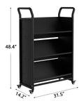 V Shaped Metal Rolling Book Cart With Three Tier Shelves, Side Hooks, Lockable Wheels, in black, dimensions shown