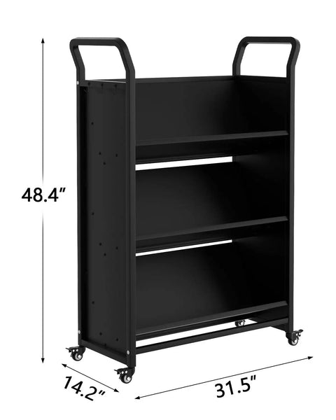 V Shaped Metal Rolling Book Cart With Three Tier Shelves, Side Hooks, Lockable Wheels, in black, dimensions shown