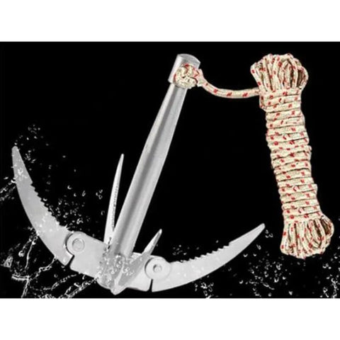 Folding Grappling Hook With 4 Sharp Prongs Aluminum Survival Anchor Tool With 32-Foot Braided Rope And Red Tracking Line Durable Compact Design