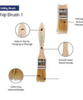 Pro Level 1 Inch Disposable Chip Brushes With Solid Glued Handles For Smooth Paint And Stain Jobs No Sweat Cleanup Perfect For Quick Touch Ups And Fine Trim Work Heavy Duty 36 Pack For Handy Home Projects showing natural bristles and smooth wood handle with storage hole.