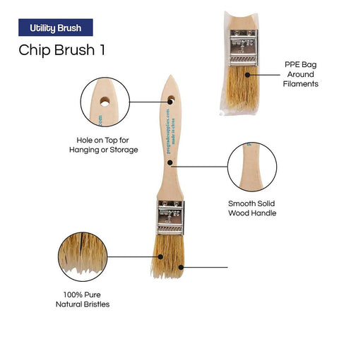 Pro Level 1 Inch Disposable Chip Brushes With Solid Glued Handles For Smooth Paint And Stain Jobs No Sweat Cleanup Perfect For Quick Touch Ups And Fine Trim Work Heavy Duty 36 Pack For Handy Home Projects showing natural bristles and smooth wood handle with storage hole.