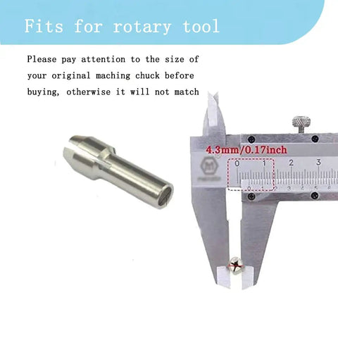 Quick Change Rotary Collet Set With Clamping Nuts 9Pcs showing stainless steel collet beside caliper measuring 4.3mm diameter