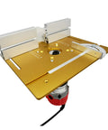 Shop Grade Aluminum Router Table Insert Plates Delivering A Beefed Up Build With Integrated Miter And Tenon Gauges Plus Rock Solid Router Fence For Slick Woodworking Cuts 4 Pack, top view showing aluminum construction and adjustment features.