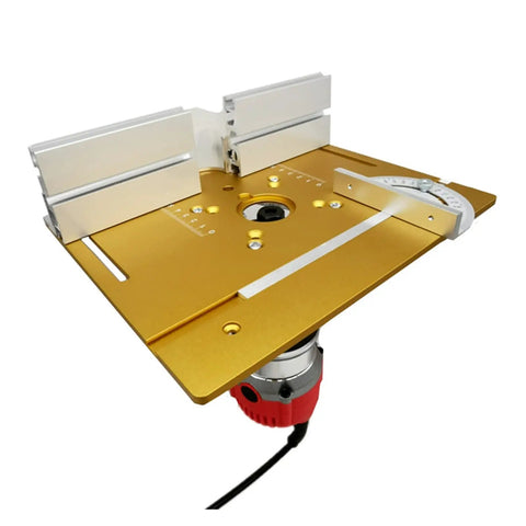 Slick Precision Aluminum Router Table Insert Plate Featuring Hella Accurate Miter Tenon Gauges And Rock Solid Fence For Pro CNC Woodworking Bench Setup Silver, 240x200mm, with router and miter gauge.