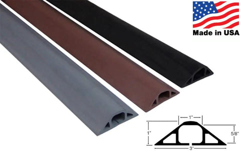 Gray Slit Channel Cord Protector One Inch By Five Eighth Inch Wire Duct Cover shown in gray, brown, and black, 5 feet long
