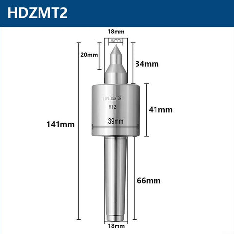 Lathe live center with MT2 taper and T10 steel top shaft; silver metal body (front view)