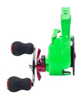 Magnetic Descent Ice Fishing Reel With Thirteen Magnets, green body, black handles, side view for precision drops.
