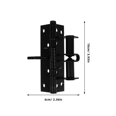 Two Pack Self Closing Door Hinges With Adjustable Tension And 90 Degree Rotation shown in black with dimensions 6cm by 10cm