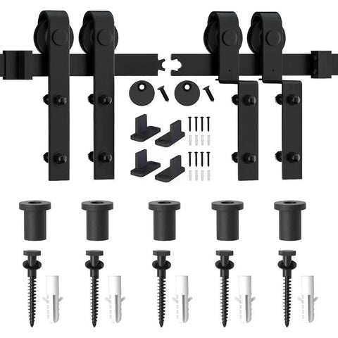 6.6 Foot Single Track Bypass Barn Door Hardware Kit For Double Doors, Heavy Duty Sliding Rail components shown