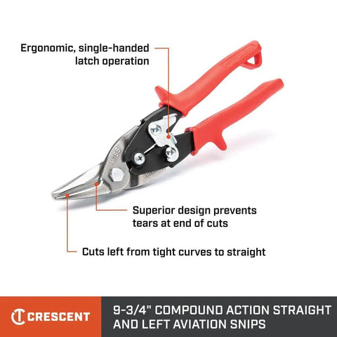 Nine And Three Quarters Inch MetalMaster Compound Action Aviation Snips Straight And Left Cut With Red Handles Precision Molybdenum Blades CNC Ground Edges And Serrations For Clean Cuts In Low Carbon Cold Rolled Steel Up To Eighteen Gauge