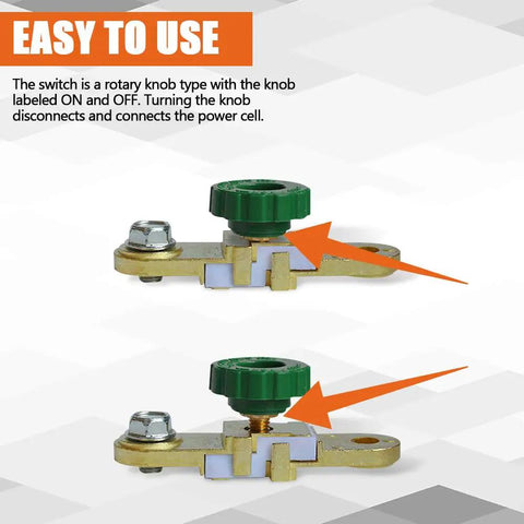 Heavy Duty Side Post Battery Disconnect Switch with green knob, zinc plated copper body for rotary ON/OFF function.