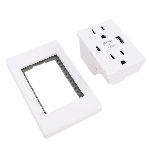 Sleek White Wall Outlet With Matching Backplate 15 Amp Electrical Receptacle showing dual USB sockets and cover plate.
