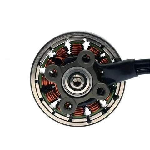 Close-up of 2505.5 3KV Brushless Drone Motor For FPV Freestyle Quads, showing wiring and rotor design for FPV hexacopters.