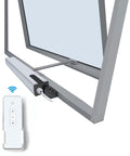 Adjustable Electric Window Opener with Single Chain Actuator, Stroke From 3.94 Inches To 15.75 Inches, Built In Receiver, shown with remote control.