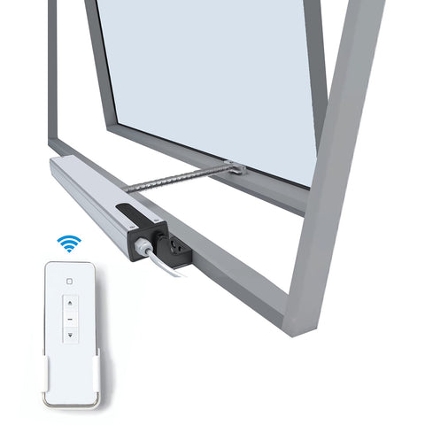 Adjustable Electric Window Opener with Single Chain Actuator, Stroke From 3.94 Inches To 15.75 Inches, Built In Receiver, shown with remote control.