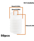 50 Pack 6mm Plastic Cog Gears Set 0.5 Module 10mm Worm Gears For 2mm Motor Shafts with measurements in white