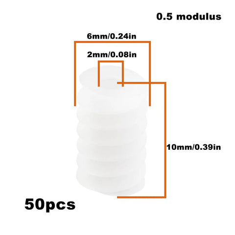 50 Pack 6mm Plastic Cog Gears Set 0.5 Module 10mm Worm Gears For 2mm Motor Shafts with measurements in white