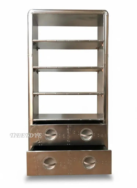 Legit Industrial Aviator Bookcase Featuring Four Hella Spacious Open Shelves And Two Smooth Glide Storage Drawers With Solid Metal Frame.