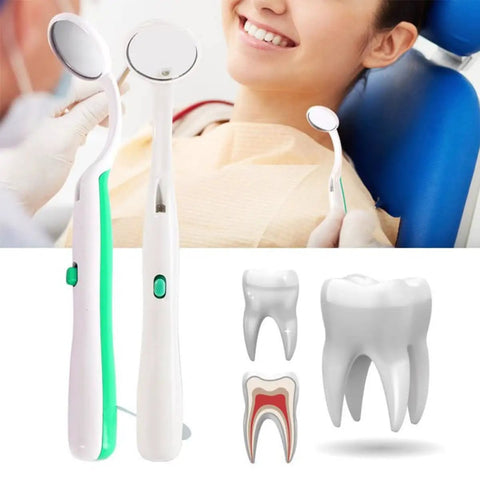 2 Pack LED Dental Mirror With Light For Easy Teeth Inspection, Anti Fog, Curve Angle Design, Bright LED Illumination, ABS Handle, Simple On Off Switch, Ideal For Home Or Office Dental Care, Green, shown with patient
